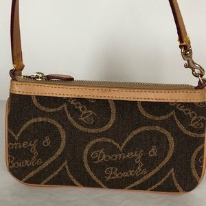 DOONEY & BOURKE Wristlet Mini Bag Canvas Hearts Brown & Khaki Leather trim EUC